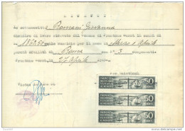 COMUNE DI FRONTONE SERRA,PESARO,  IMPOSTA ENTRATA , VENDITE AL MINUTO, Cent:50 X 3, MARCHE  SU RICEVUTA SUSSIDIO, 1945, - Revenue Stamps
