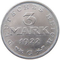 WEIMARER REPUBLIK 3 MARK 1922 G  #MA 098657 - 3 Marcos & 3 Reichsmark