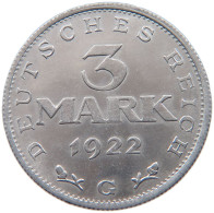 WEIMARER REPUBLIK 3 MARK 1922 G  #MA 098638 - 3 Mark & 3 Reichsmark