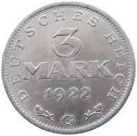 WEIMARER REPUBLIK 3 MARK 1922 G  #MA 098649 - 3 Marcos & 3 Reichsmark