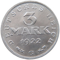 WEIMARER REPUBLIK 3 MARK 1922 G  #MA 098634 - 3 Marcos & 3 Reichsmark