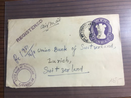 Indien Ganzsache R- Brief In Die Schweiz - Lettres & Documents