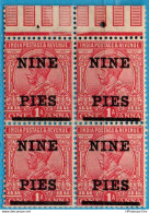 British India 1921 George V Nine Pies Overprint Top Edge 4-block 2MNH 2212.2914 - 1911-35 King George V