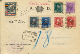 1938 CORUÑA , CORREO CONSULAR , CERTIFICADO A LISBOA , TRÁNSITO DE VIGO Y LLEGADA , VIÑETA POR LA PATRIA - Lettres & Documents