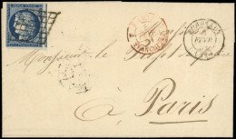 Let EMISSION DE 1849 - 4a   25c. Bleu Foncé, Obl. GRILLE S. LAC, Càd T15 BORDEAUX 3/2/51, Càd Rouge PARIS FRANCHISES 5/2 - 1849-1876: Classic Period