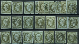 EMPIRE NON DENTELE - 11    1c. Vert-olive, 24 Ex. Obl. Càd (dont 1 Rouge), Nuances Diverses, TB - 1853-1860 Napoléon III