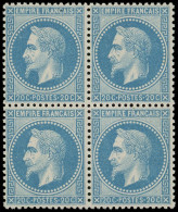 ** EMPIRE LAURE - 29B  20c. Bleu, T II, BLOC De 4, Un Ex. Pt D'adh., Très Bon Centrage, TTB - 1863-1870 Napoleon III With Laurels