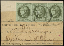 EMISSION DE BORDEAUX - 39A   1c. Olive, R I, BANDE De 3 Obl. Càd T24 S. Fragt De Bande D'Imprimé, RR, TB - 1870 Bordeaux Printing