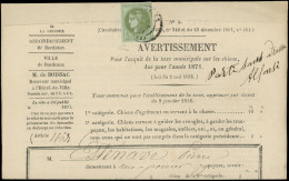 Let EMISSION DE BORDEAUX - 39C   1c. Olive, R III, Obl. Càd T17 BORDEAUX 5/8/71 SEUL S. Avertissement, TB. J - 1849-1876: Classic Period