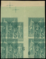 (*) TYPE SAGE - 75a   5c. Vert, NON DENTELE, DOUBLE Impression, BLOC De 4 Mill.6 Haut De Feuille, 2 Plis Verticaux Sur 2 - 1876-1898 Sage (Type II)