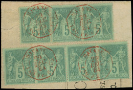 TYPE SAGE - 75    5c. Vert, BANDE De 3 Et BANDE De 4 Obl. Càd Octog. Rouge HAVANE/PAQ FR B N°3 29/12/84 S. Fragt, TB - 1876-1898 Sage (Type II)