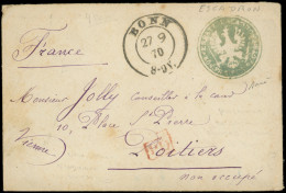 Let Guerre De 1870 -  Càd BONN 27/9/70 Et Cachet Négatif D'Escadron De L'Armée Prussienne S. Env., Arr. POITIERS 4/10, T - War 1870