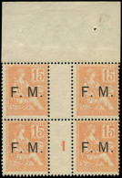 ** FRANCHISE MILITAIRE - 1    15c. Orange, BLOC De 4 Mill.1, Haut De Feuille, Décentré, TB - Military Postage Stamps