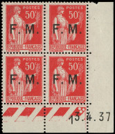 ** FRANCHISE MILITAIRE - 7    50c. Rouge, BLOC De 4 CD 13/4/37, TB - Military Postage Stamps