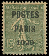 * PREOBLITERES - 25  15c. Vert-olive, POSTES PARIS 1920, TB. C - 1893-1947