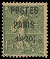 * PREOBLITERES - 25  15c. Vert-olive, POSTES PARIS 1920, Barre De Calage Après 1920, TB. C - 1903-60 Sower - Ligned