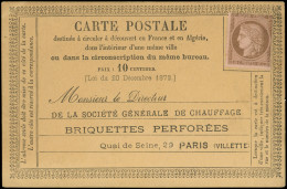 Let ENTIERS POSTAUX - CP Privée Réponse Sté Générale De Chauffage Briquettes Perforées (1875) Affr. N°58 Non Obl., TB - Sonstige & Ohne Zuordnung