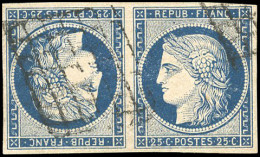 Obl. 4c - 25c. Bleu. Paire Tête-Bêche. Obl. Infime Trou D'épingle Sinon SUP. - 1849-1850 Cérès