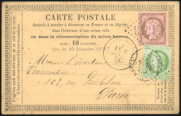 Obl. 53+58 - 5c. Vert-jaune S/azuré + 10c. Brun S/rose (entaille CA) Obl. GC S/carte Postale Frappée Du CàD Du 9 Janvier - 1871-1875 Ceres