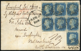 Obl. SG#5 - 1842. Entire Letter To U.S.A Franked With Block Of 7. 1840. 2d. Blue. Plate 1. Lettered HF-HH, IF-IH, JH, Ca - Other & Unclassified