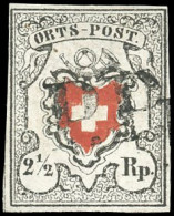 Obl. Zu#13II - 2 1/2Rp. ORTS POST. Croix Non Encadrée. Type 13. Obl. PP De Zurich. Grandes Marges. Signé Berra. SUP. - Sonstige & Ohne Zuordnung