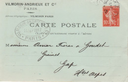 FRANCE - N° 134  SEMEUSE  PERFORE VILMORIN ANDRIEUX ET CIE  SUR CARTE - Lettres & Documents