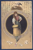 CPA Jeu De Cartes Carte à Jouer Circulé Femme Woman Art Nouveau Cigogne - Playing Cards