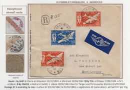 PANAM St Pierre Miquelon Lettre 1944 PAR AVION PA FRANCE LIBRE MAROC Port Lyautey MONTREAL TCA Miami Lisbonne Tanger - Covers & Documents