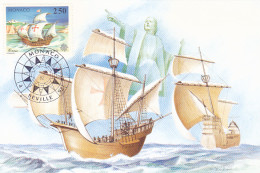 FAMOUS PEOPLE, CHRISTOPHER COLUMBUS, DISCOVERY OF AMERICA, SHIPS, CM, MAXICARD, CARTES MAXIMUM, 1992, MONACO - Christopher Columbus