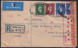 F-EX40233 ENGLAND UK GREAT BRITAIN 1937 REGISTERED COVER CENSORSHIP TO SPAIN.  - Covers & Documents