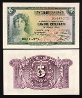 Spagna Spain 5 PESETAS 1935  Pick#85 Unc- Q.fds Lotto 4232 - 5 Pesetas