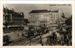 ** T2 Zagreb, Agram, Zágráb; Jelacicev Trg / Tér, Villamos, Philips Radio, üzletek / Square, Tram, Shops - Non Classés