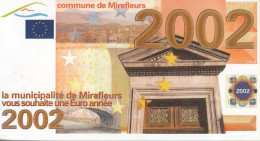 DEUX SPÉCIMENS VRAIE FAUSSE MONNAIE 2002 NEUF LA MUNICIPALITÉ DE MIREFLEURS 63 PUY DE DÔME VOUS SOUHAITE UNE EURO ANNÉE - Specimen