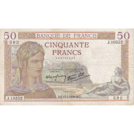 France, 50 Francs, Cérès, 1939, J.10552, TTB, Fayette:18.28, KM:85b - 50 F 1934-1940 ''Cérès''