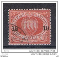 SAN  MARINO:  1892  SOPRASTAMPATO  -  10 C./20 C. ROSSO  US. -  CENTRATURA  PERFETTA  -  SASS. 11 - Gebraucht