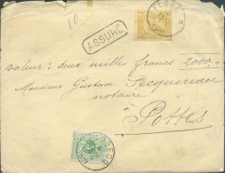 N°45-50 - 5 Cent. Vert + 50 Cent. Ocre S/jaunâtre Obl. Sc FLOBECQ Sur Enveloppe ASSURE Du 4 Février 1891 Pour Une 'valeu - 1884-1891 Leopold II.