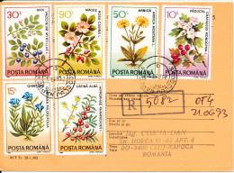 Romania Card Registered 21-6-1993 Topic Stamps Complete Set Of 6 FLOWERS - Cartas & Documentos