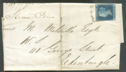 2p. Bleu  Well Marged, Letters O-D, Cancelled On Cover From Henry St Castle 27 Féb. 1845 To Edinburgh (Ecosse Scottland) - Covers & Documents