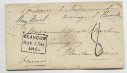 SCOTLAND LETTRE COVER GLASCOW NOV 1 1852 TO FRANCE TAXE 8 - Cartas & Documentos