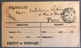 Grande-Bretagna, WW1 - Enveloppe Cachet FIELDPOST OFFICE D.30, 2.4.1918 + Contôle Postal - (W1061) - Covers & Documents