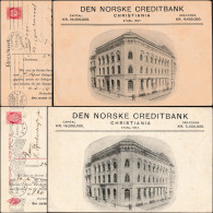 Norvège 1911. 2 Entiers Postaux Timbré Sur Commande Et Repiqué. Vue Belle époque, Façade De Banque Norske Creditbank - Interi Postali