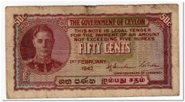 CEYLON,50 CENTS,1942,P.45,FINE - Malta