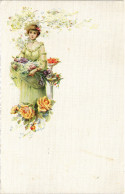 PC ARTIST SIGNED, LYON, LADY WITH FLOWERS AND FRUITS, Vintage Postcard (b50837) - Lion