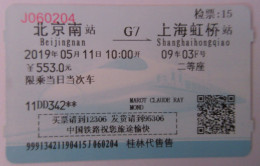 BILLET N° JO60204 Du TGV CHINOIS G7 Pour ALLER De PEKIN à SHANGHAI TRES BON ETAT REF-img-830-img.8435 - Wereld