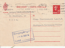 Norvège Entier Postal Oslo Pour L'Allemagne 1937 - Interi Postali