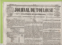 JOURNAL DE TOULOUSE 01 02 1845 - ELECTIONS MUNICIPALES TOULOUSE - OCTROI LA ROCHELLE - TOULON - MANILLE - STATUE BAVIERE - 1800 - 1849