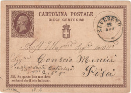 REGNO ITALIA - INTERO POSTALE C. 10 SPEDITO DA SUVERATO (LI) A PISA 28.11.1876 - FILAGRANO C1 - Ganzsachen