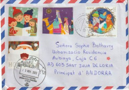 Merry Christmas 2023 From Greece , Letter New  2023 Christmas Sttamp, To Andorra,with Local Illustrated Arrival Postmark - Storia Postale