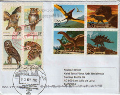 Letter USA 2023, Dinosaurs & Owls, To Andorra,with Local Illustrated Arrival Postmark - Cartas & Documentos