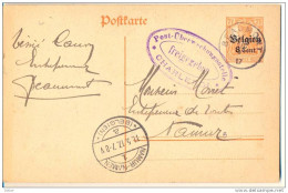 1p495: Postkarte Belgien 8 Cent. / 7½Pf: BEAUMONT 17 > NAMUR-NAMEN  *(BELGIE) + Censuur CHARLEROI - Duitse Bezetting